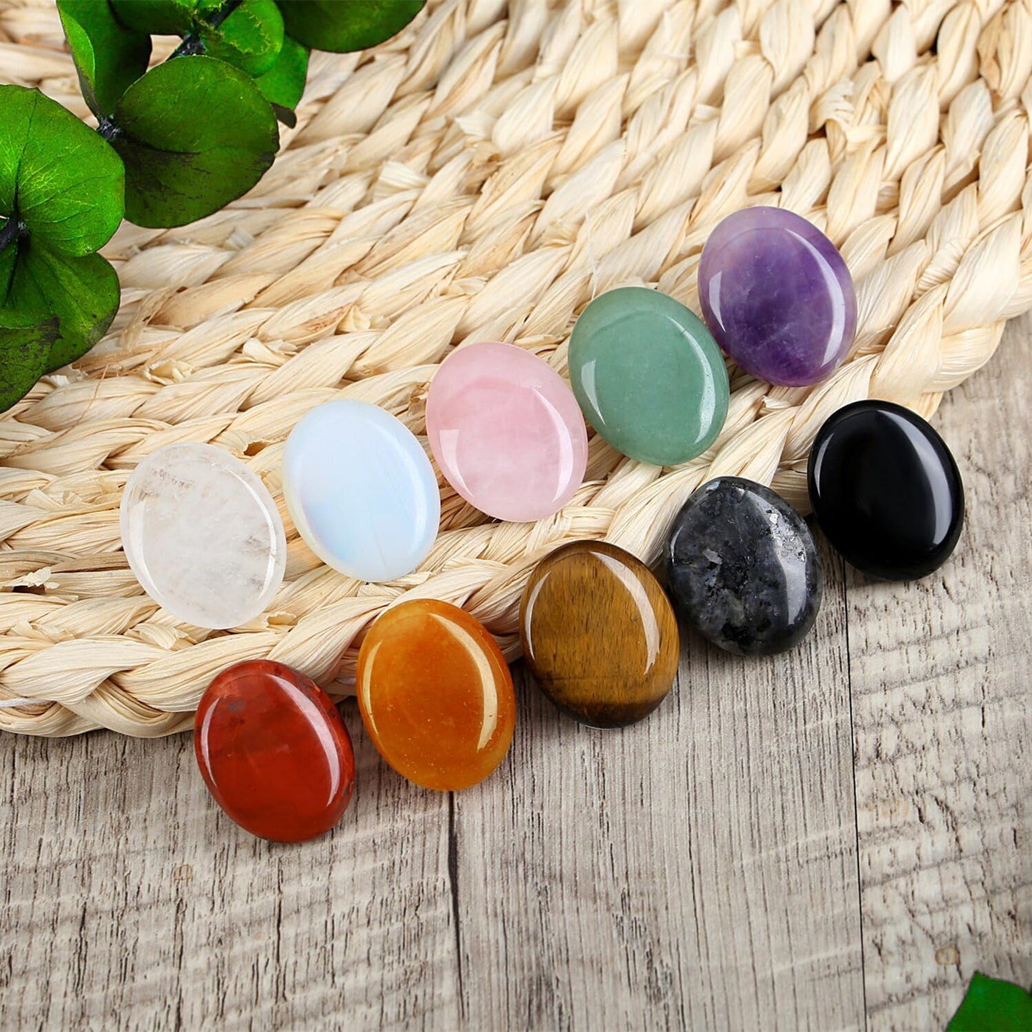 ZHIYUXI 10PCS Crystals and Healing Stones Gemstones Worry Stone for Anxiety Oval Thumb Palm Amethyst Rose Quartz Obsidian Quartz Crystals Bulk Healing Crystals Set Reiki Meditation