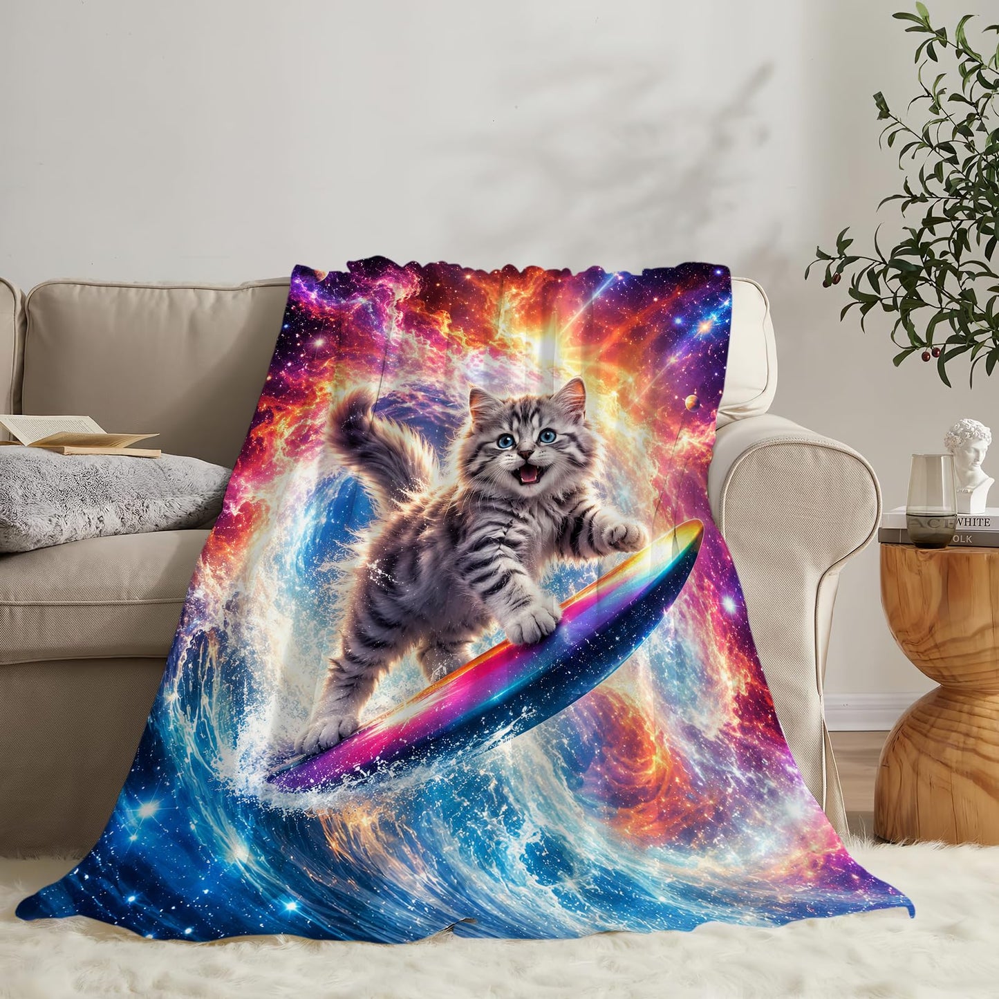 Funny Cat Blanket Soft Fuzzy Fleece Galaxy Space Surfing Kitten Throw Blankets Decor Cozy Warm Plush Flannel Blanket Gifts for Girls Women Kids Adults Home Decor Stuff Sofa Couch Bed 50"X40"