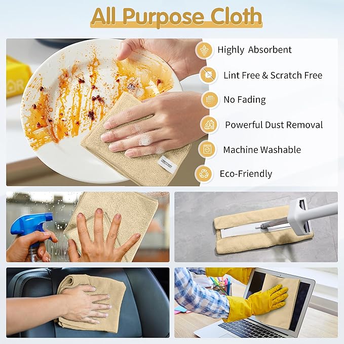 FIXSMITH Beige Microfiber Cleaning Cloth -Pack of 8, Highly Absorbent Cleaning