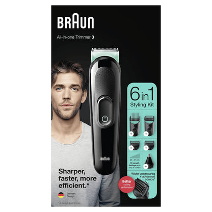 Braun 6-in-1 All-in-One Series 3, Male Grooming Kit with Beard Trimmer, Hair Clippers & Precision Trimmer, 5 Attachments, Gifts for Men, UK 2 Pin Plug, MGK3221, Black/Volt Green