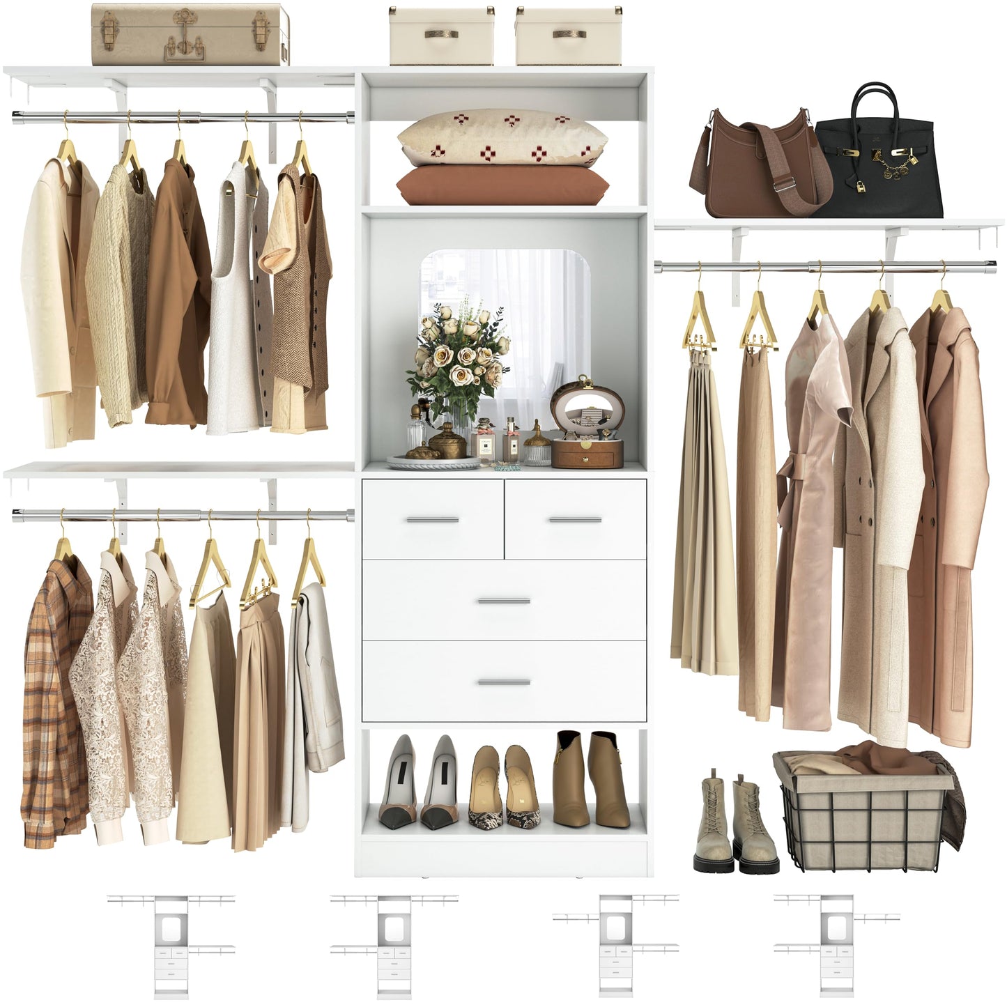 Unikito 8FT Closet System with 4 Drawers, 96" Wood Closet Organizer with Mirror and Hanging Rods, Sturdy Walk in Wardrobe Closet Insert with Tower, 96" W x 16" D x 80" H (Can Be Cut To Fit), White