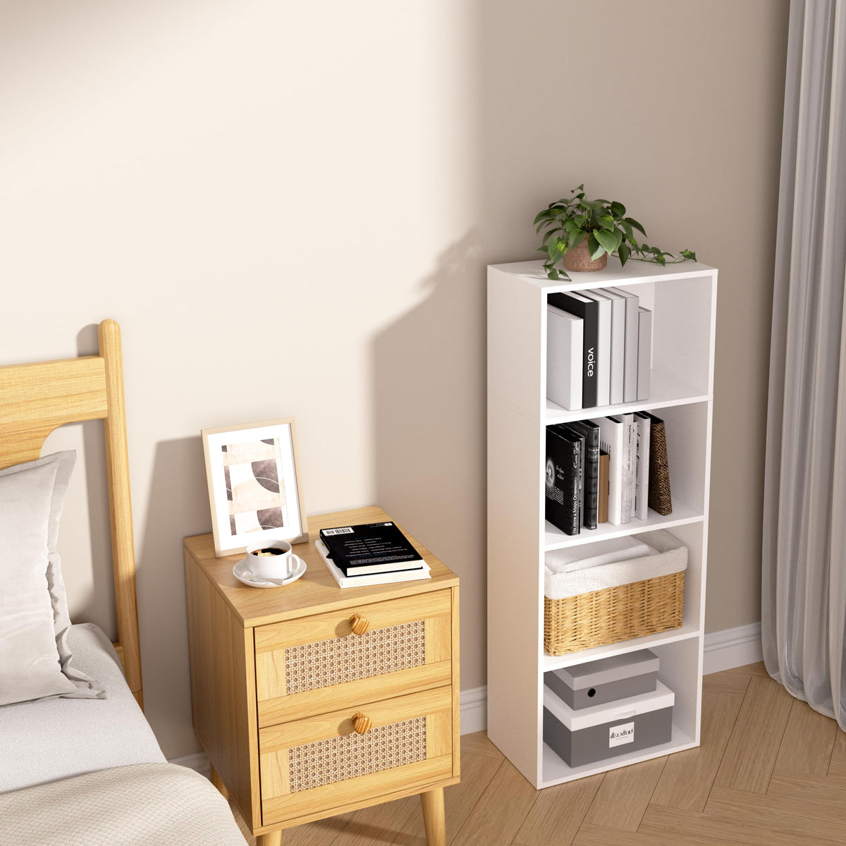 NewBeth Wooden 4 Cube Storage Organizer, 4 Tier Tall Modern Bookshelf Freestanding Storage Display Organizer, Versatile Cubes Shelf and Cubby Unit for Living Room, Bedroom, Home Office 15.7inch