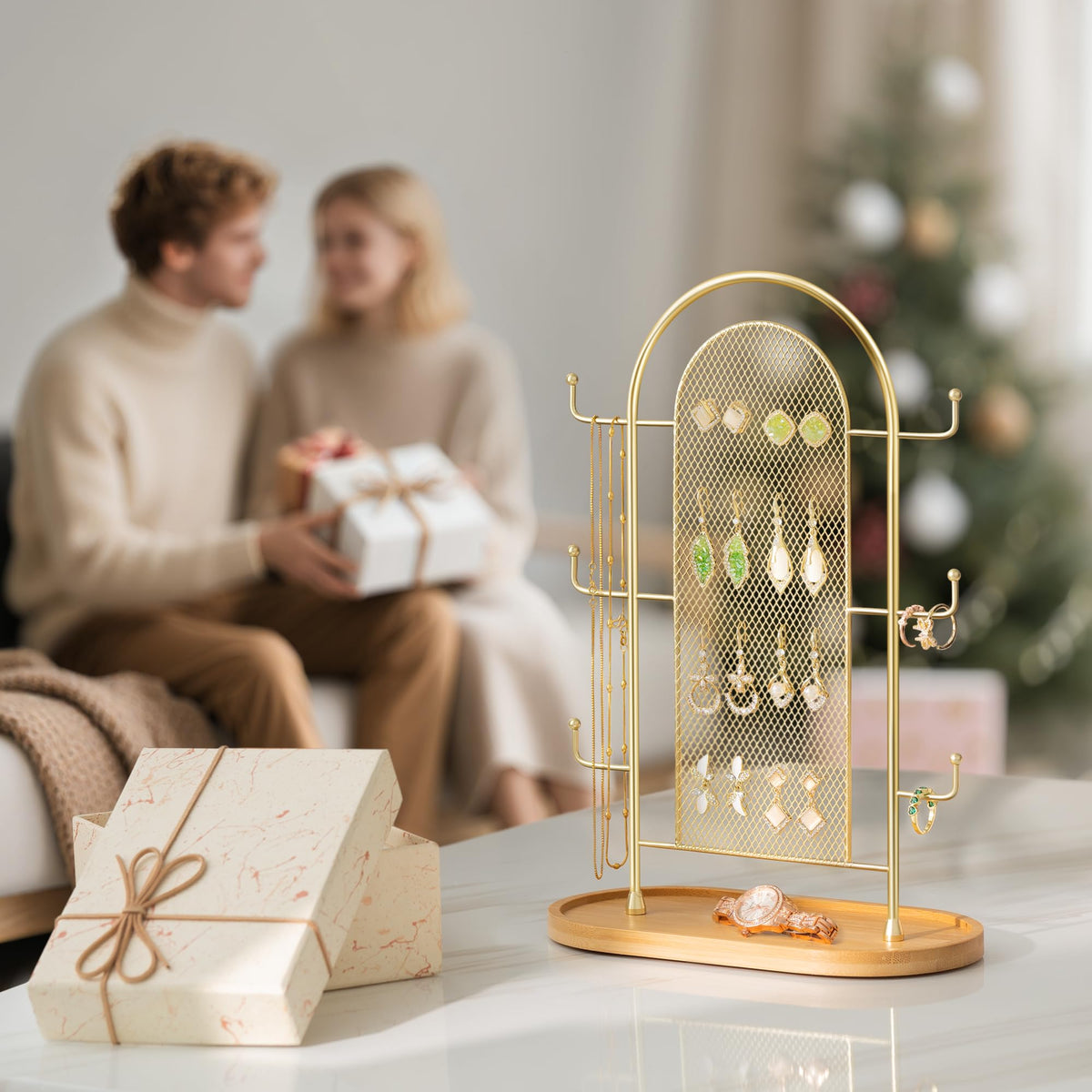 bussdis Jewelry Holder Organizer Earring Display - Earring Storage Tree Stands Towers With 6 Hooks 300 Studs Wood Tray Gold Metal Rack