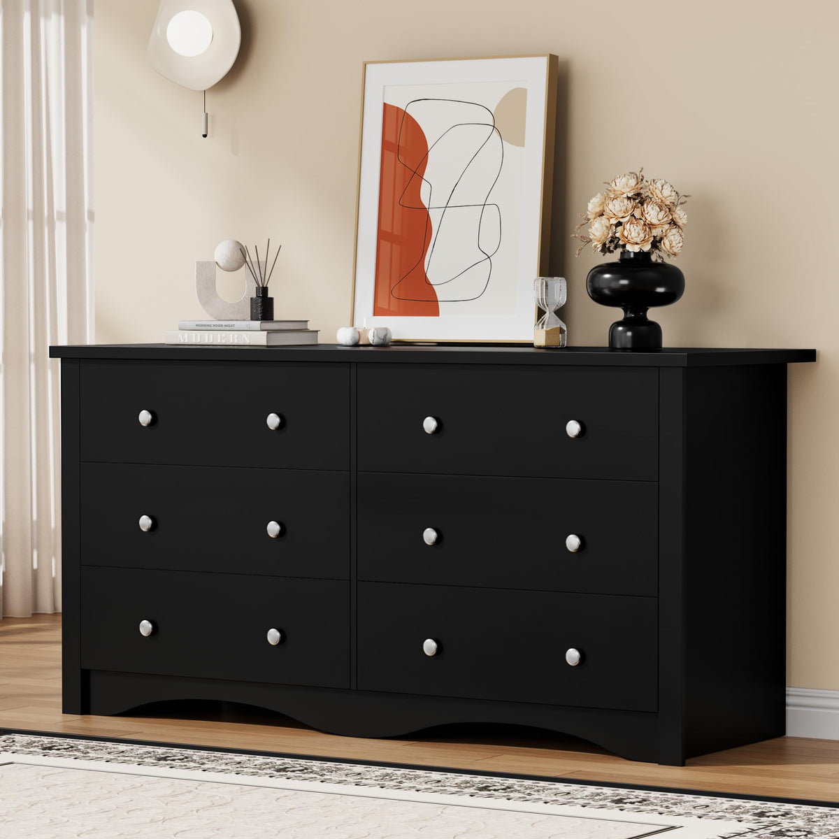 YESHOMY Dresser for Bedroom with 6 Drawers, 47.2" Modern Chest of Drawers, Wooden Dressers, TV Stand for Living Room,Closet, Hallway (Black)