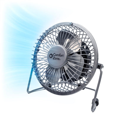 Comfort Zone 4-inch All-Metal Desk Fan with USB or Power Cord, Single Speed, 360 Degree Adjustable Tilt, Compact & Durable Mini Electric Fan for Home, Office or Travel Use, Silver