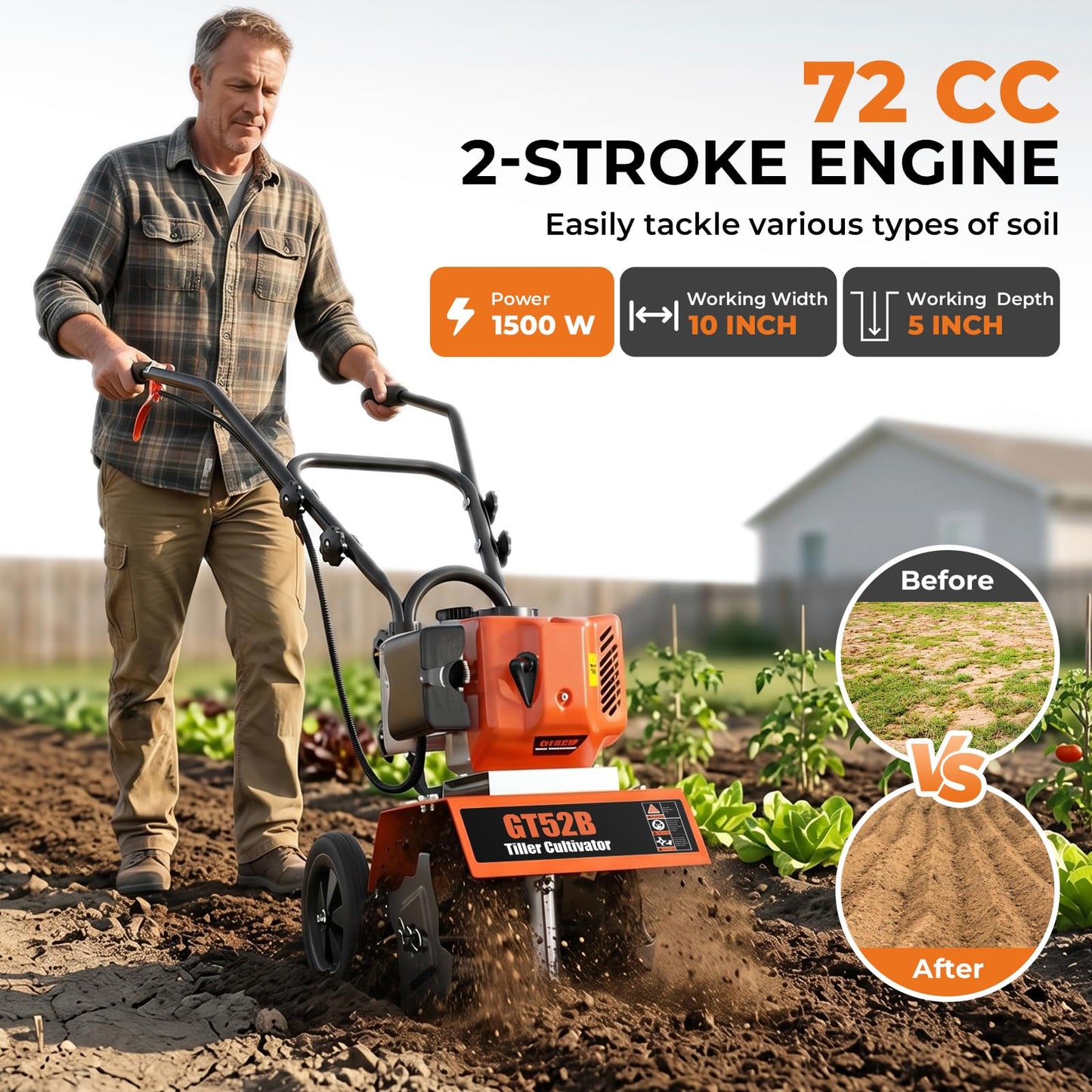72CC Gas Tiller Cultivator,2 Stroke Gasoline Powered Rototiller,1.5KW 7500RPM,10in Working Width 5in Working Depth, Heavy Duty Garden Tiller for Lawn Yard Soil Cultivation (Orange)