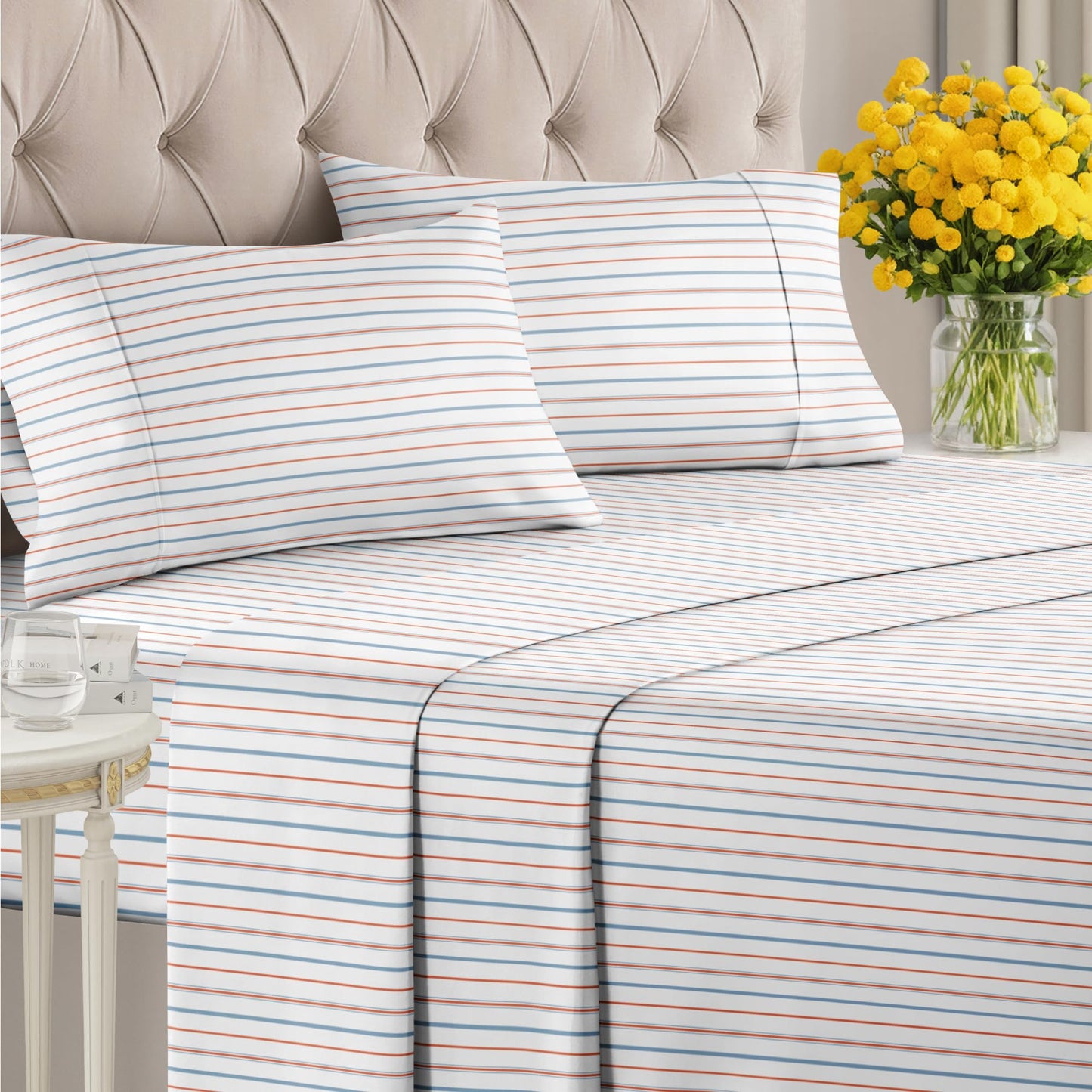 Striped Sheets - Red & Blue Striped Sheets - 1 Flat & 1 Fitted & 2 Pillowcases w/ Deep Pockets – Comfy, Wrinkle & Fade Free - Soft, Breathable & Cooling – Luxury Pinstripe Bedding - Full Size Bed Set
