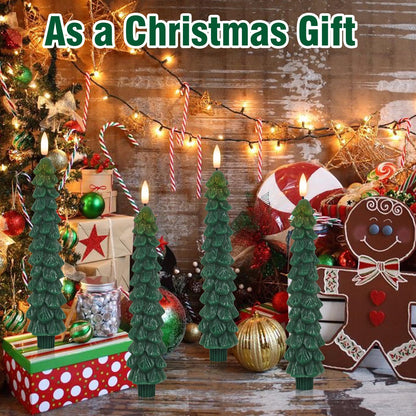 Lasumora Christmas Tree Candles with Remote Timer, 4 Pcs Waxy Flameless Taper Candles Flickering, Battery Operated LED Candlesticks with 3D Flame Wick, Green Window Candle for Christmas Decorations