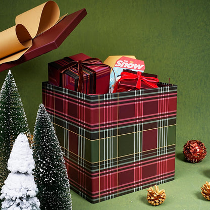 BIOBROWN Medium Christmas Gift Boxes with Lids for Presents, 9x9x9 Inches Red and Green Tartan Plaid Design Collapsible Gift Box for Xmas, Party, Holiday
