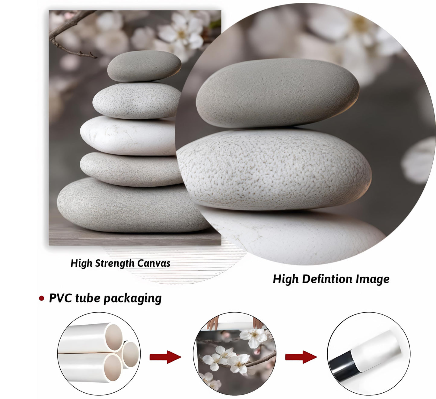 ZHJIOFXG 3 Piece Zen Canvas Wall Art Stacked Stones Cherry Blossom Candle Spa Wall Decor Calming Minimalist Neutral Poster Print Art for Bathroom Bedroom Yoga Room Office Living Room 12x16in Unframed