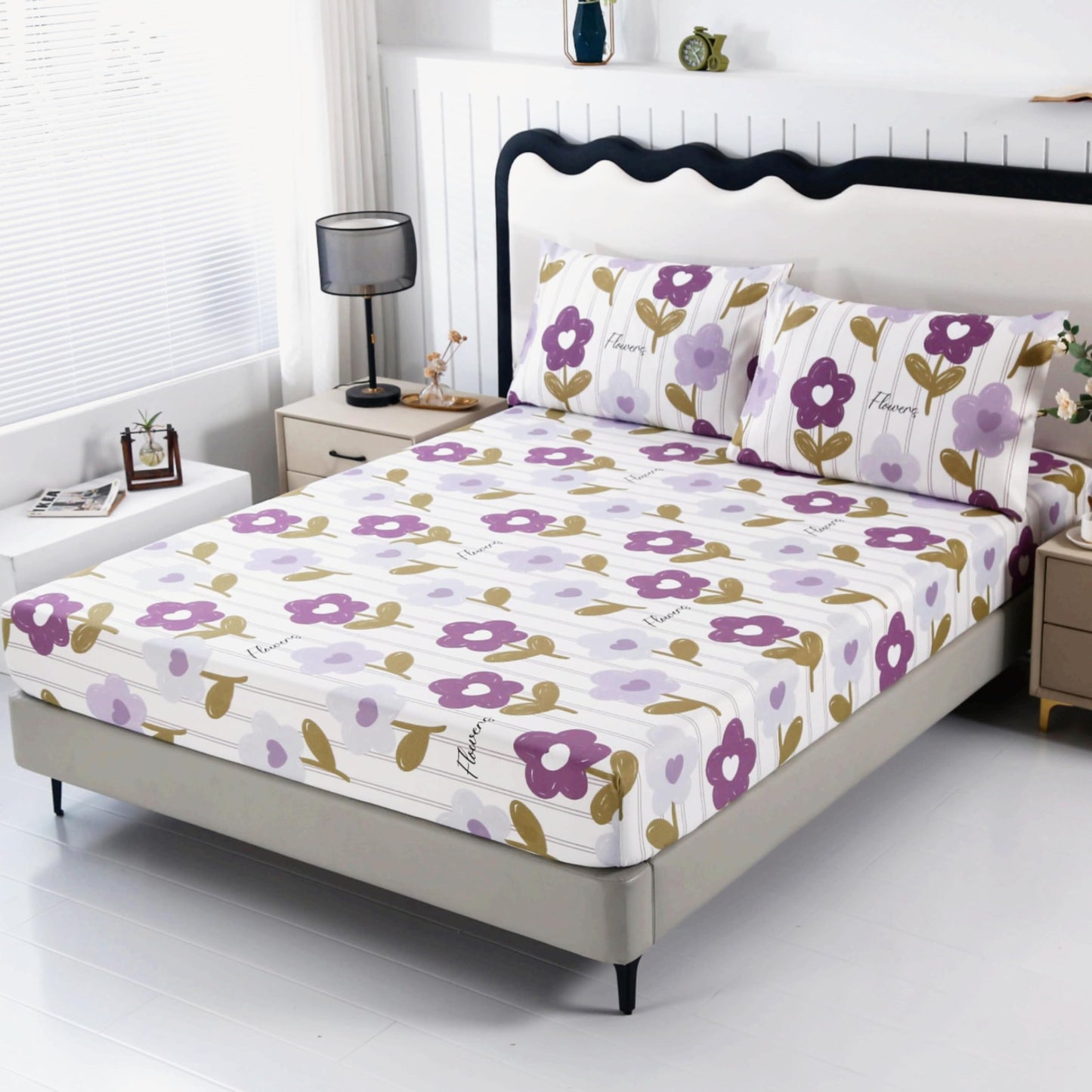 SDIII Purple Floral Fitted Sheet Full with 2 Pillowcases, Deep Pocket Soft Microfiber Purple Floral Bed Sheet Full Size All Season