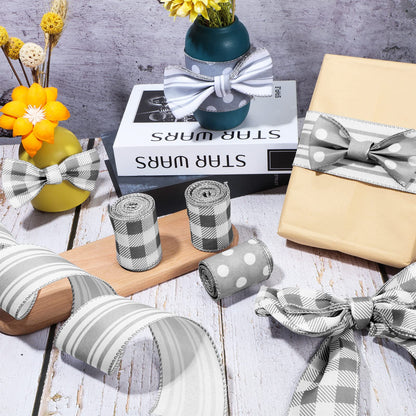 Moukeren Grey Wired Edge Plaid Ribbon 3 Rolls 2.5 Inch Farmhouse Buffalo Check Gray Ribbon Polka Dot Striped Belt Buffalo Plaid Belt Wire Decor for DIY Crafts Gifts Wreath Bow, 15 Yards