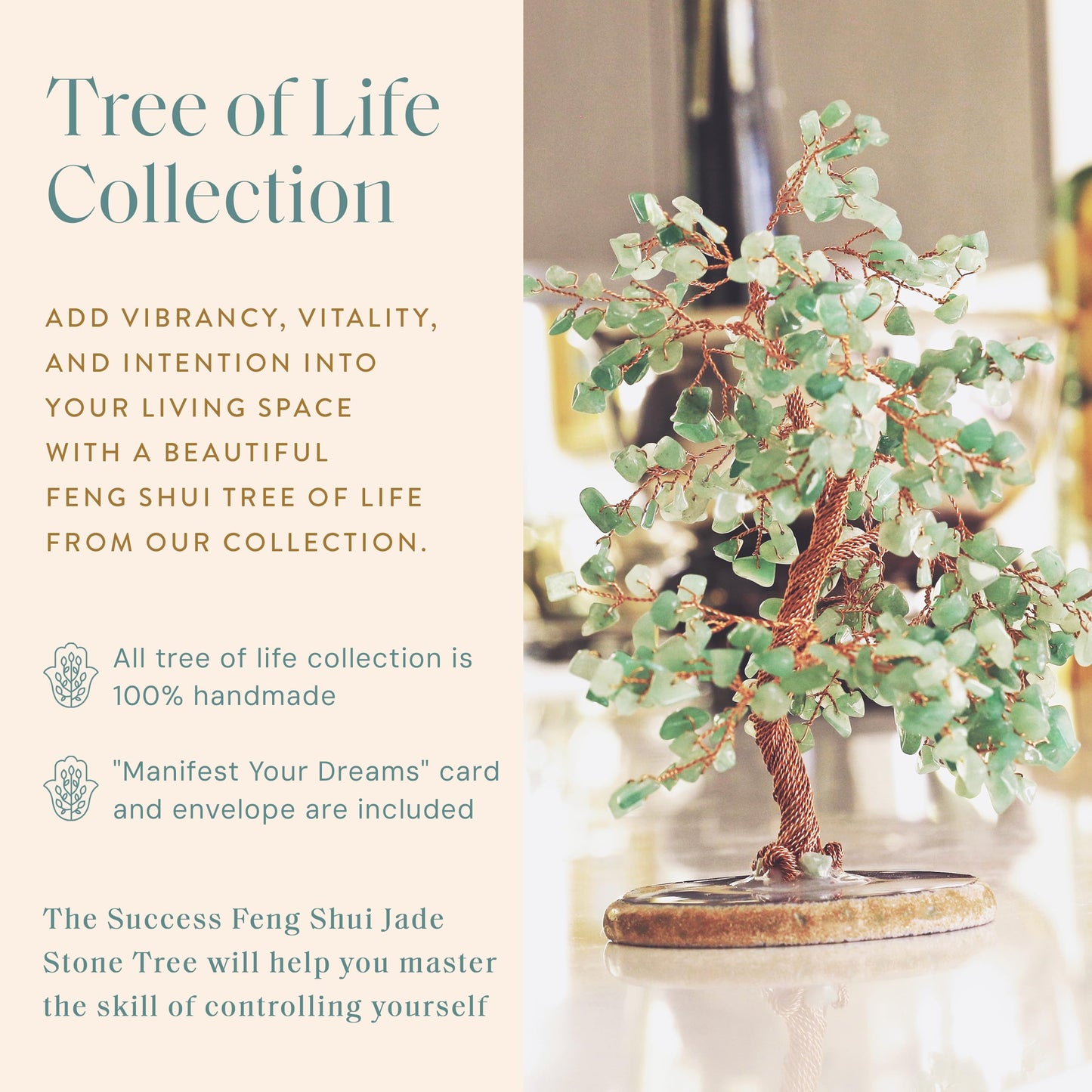 KARMA AND LUCK Jade Crystal Tree of Life, Feng Shui Money Tree Decor with Natural Jade Gemstones, Copper Wire Bonsai Tree on Agate Base, Spiritual Home, Office, Desk Decor Gift, 10" Large