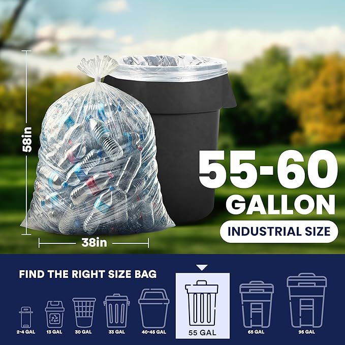 Plasticplace 55-60 gallon Trash Bags │ 1.5 Mil │ Clear Heavy Duty Garbage Can