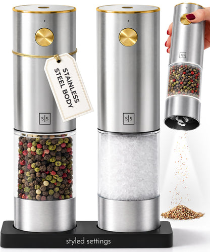 Electric Salt and Pepper Grinder Set Rechargeable – Stainless Steel Salt and Pepper Grinder Set with LED Light, USB Charging, Adjustable Coarseness, Kitchen Gadget Gift for Home Cooks
