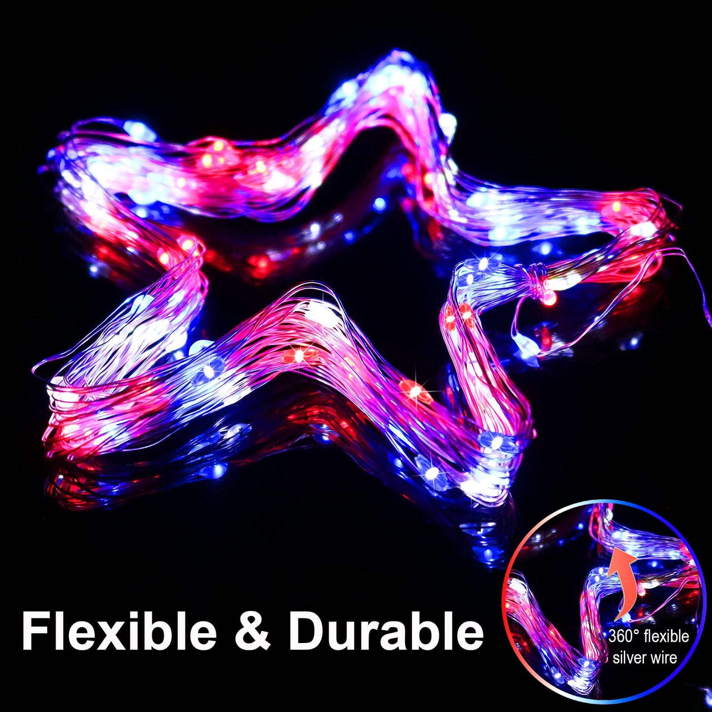 YAOZHOU 4th of July Patriotic Decorations, Red White Blue Solar Fairy String Lights Outdoor Waterproof, 2Pack Total 200LED 66Ft, IP67 8 Modes Outside for Memorial Day, Garden, Patio, Yard