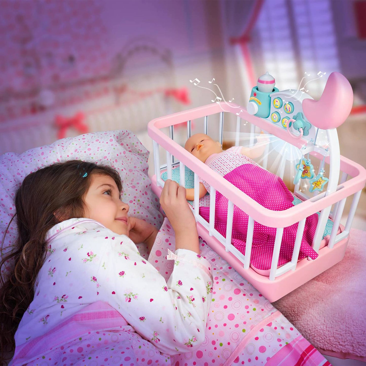 Nenuco - Good sleep cradle, interactive cot with lights and sounds, with a soft body doll for the youngest children and accessories such as bottle and soother, Famosa (700017203)