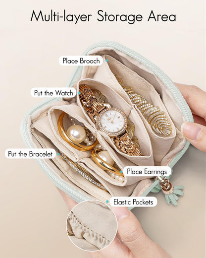 VLANDO Small Jewelry Travel Case,Jewelry Pouch Bags with Zipper,Velvet Jewelry Organizer Storage Bag for Bracelet Rings Earring Travel Essentials Gifts for Women Girl-Mint Green