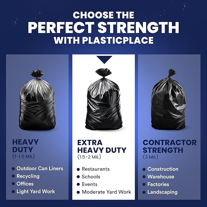Plasticplace - T55151BK 55-60 gallon Trash Bags │ 1.5 Mil │ Black Heavy Duty