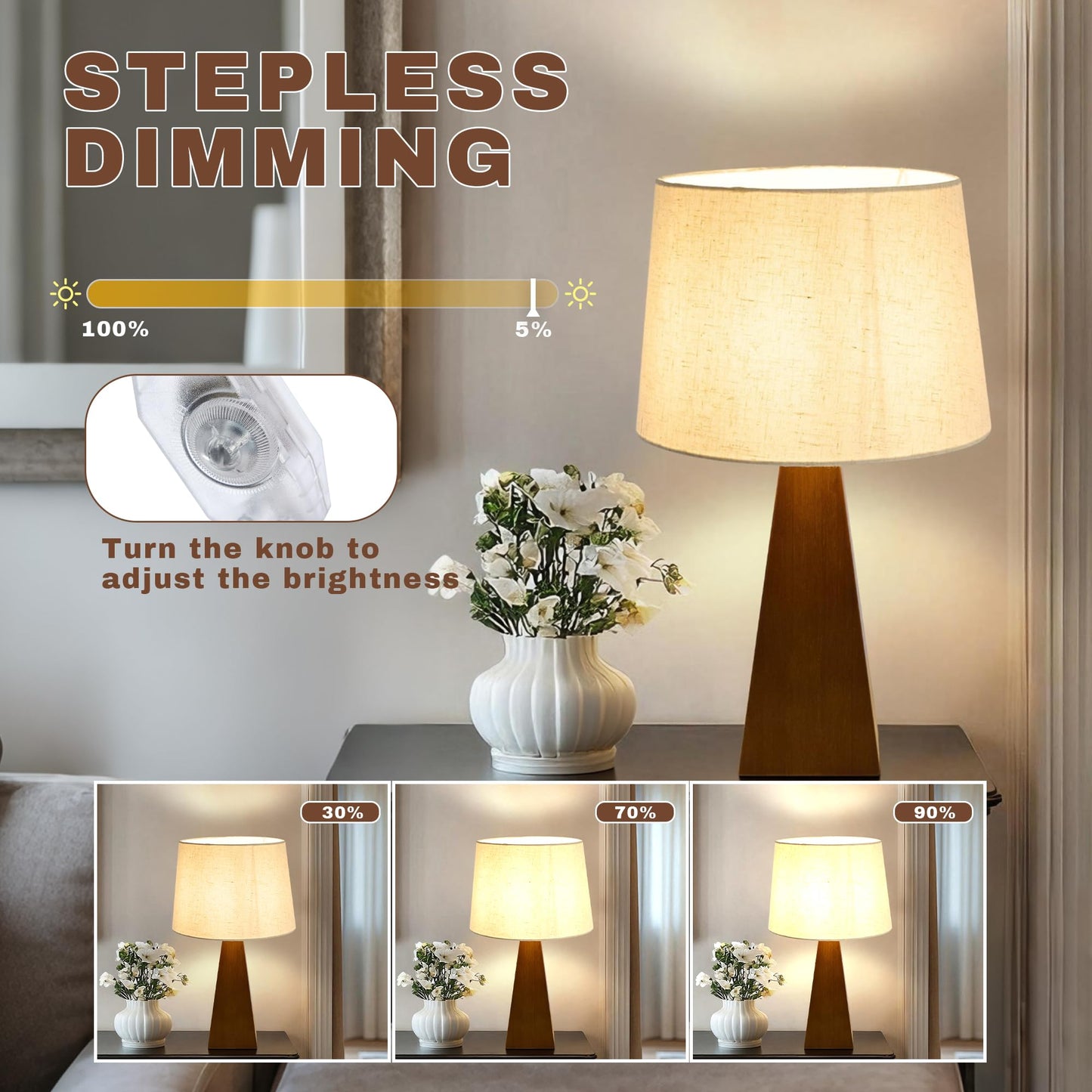 Booniture Table Lamp for Bedroom, Bamboo Bedside Lamps with Beige Linen Shade for Nightstand, Dimmable Desk Lamp for Dorm, Living Room, Office, Kids Room (Walnut)