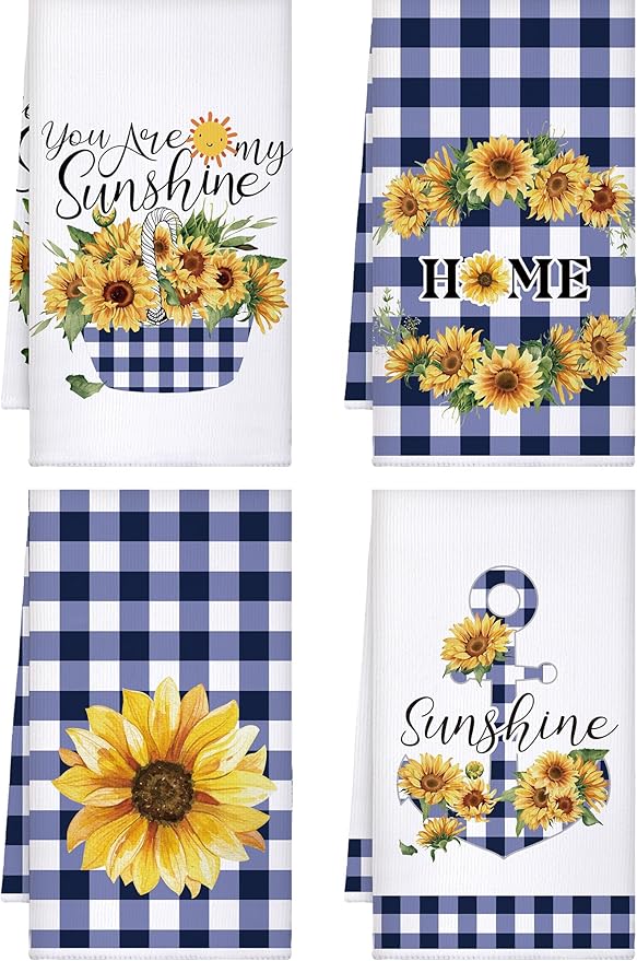 Bencailor 4 Pcs Sunflower Kitchen Towels Blue and White Floral Hand Dish Towels