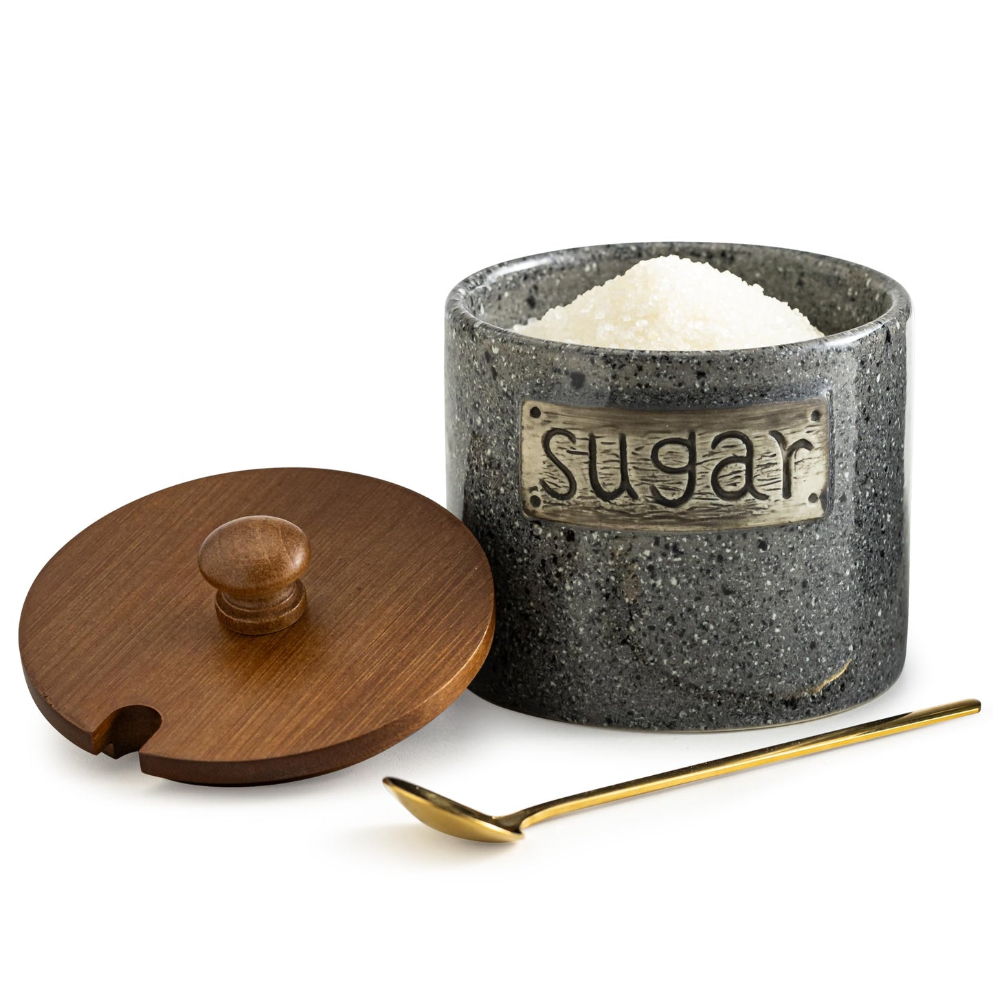 Sugar Container, Sugar Holder, Sugar Bowl with Lid and Spoon, Sugar Jar Porcelain Salt Bowl with Wood Lid and Stainless Steel Spoon, Ceramic Sugar Bowl 15oz Coffee Canister Kitchen Decor, Grey