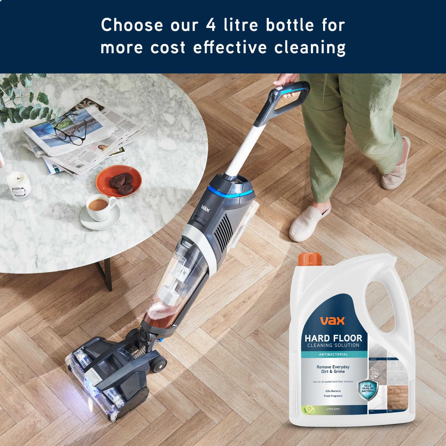 Vax 4L Hard Floor Antibacterial Cleaning Solution, Citrus Burst Scent, Removes 99.9% of Bacteria, 1-9-142097, Silver
