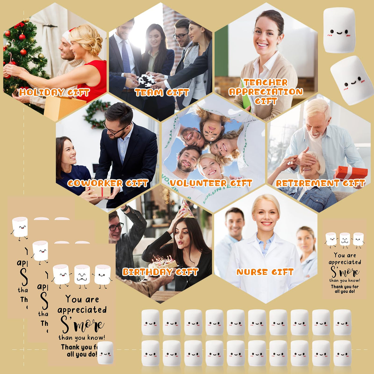 CroBlissful 100 Sets Inspirational Small Gifts Bulk Funny Cute Small Resin Marshmallow Smores with Thank You Card Appreciation Gifts for Office Teacher Coworker Staff Nurse Stress Fidget Toy