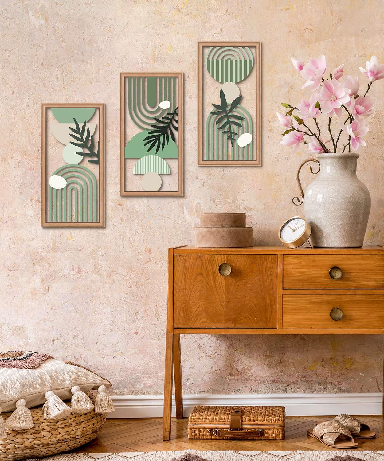 Putuo Decor Boho Wall Art Set of 3, Green Botanical Wooden Wall Decor, Abstract Aesthetic Room Decorations, Mid-Century Modern Artwork for Living Room, Bedroom, Office Green 16.5 x 8.6 inch