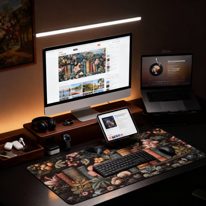 Dark Academia Desk Mat, Floral & Book Pattern XXL Mouse Pad with Anti-Slip Base & Stitched Edges, Large Desk Pad for Computer Keyboard, Office & Home Decor for Women