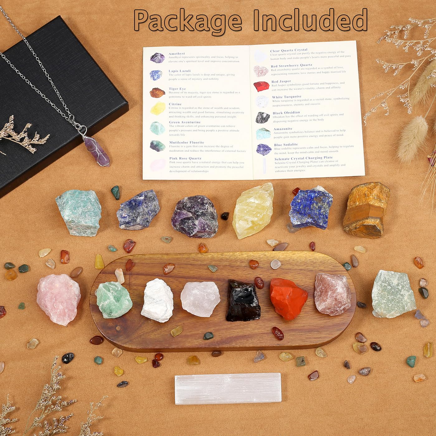 MAIBAOTA 17 Pcs Crystals and Healing Stones 14 Pcs Raw Healing Crystals and Chakra Stones Set Amethyst Rose Quartz Selenite Gemstones Necklace for Meditation Guide for Beginners (with Gift Box)