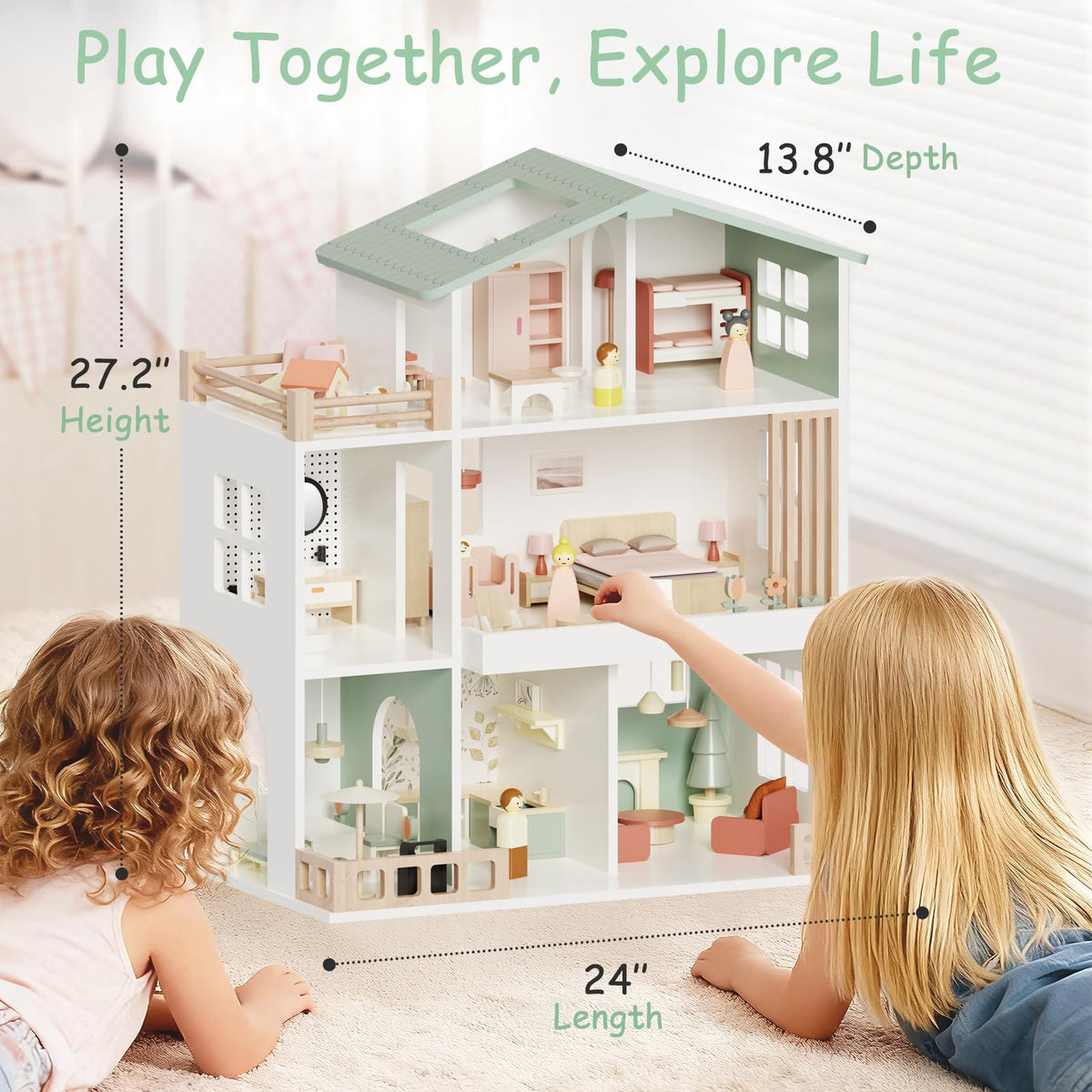 Fabuday Modern Wooden Doll House for Kids Girls - Toddler Dollhouse with 8 Rooms Playset, DIY Pretend Play Houses Toy Kits with 81 Pcs Furniture Accessories, Dolls & Pets, Gift for Ages 3+