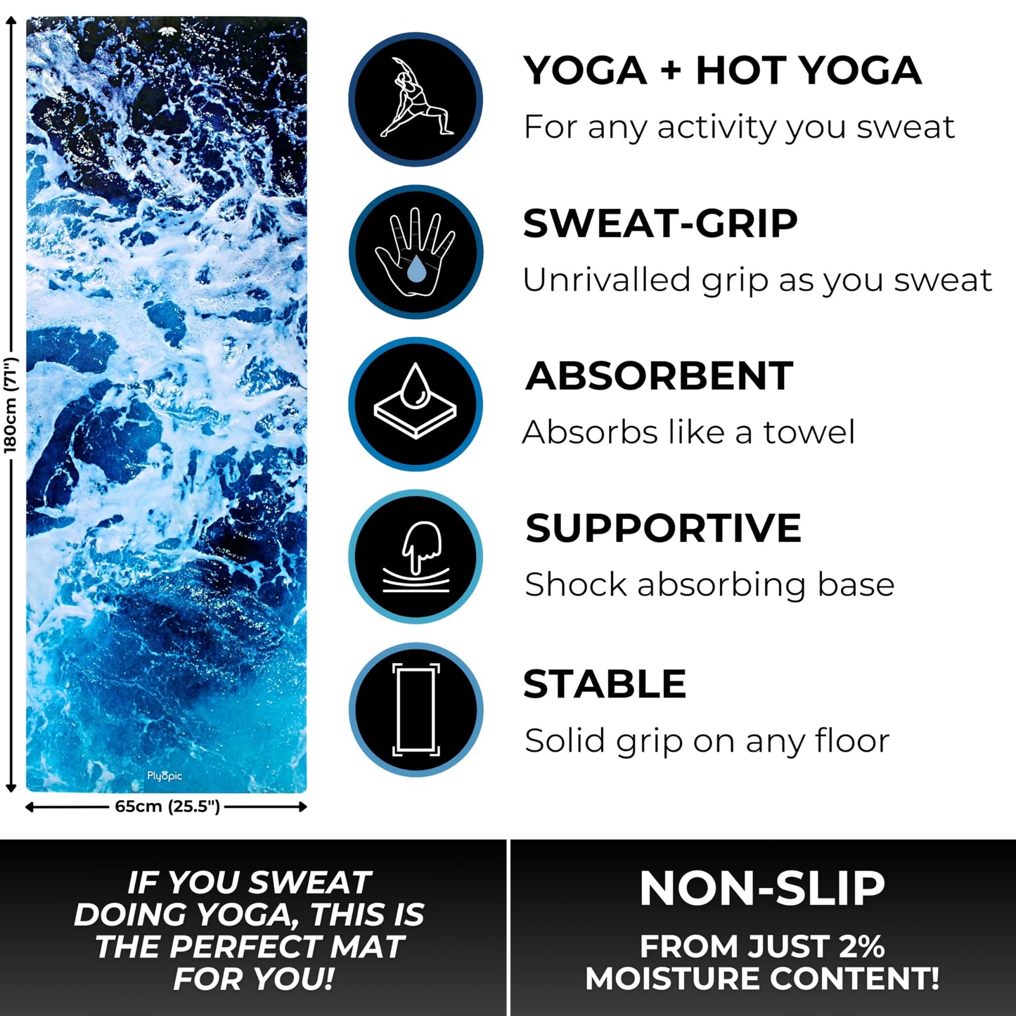 Plyopic. All In One Yoga Mat | Luxury Sweat-Grip Mat/Towel Combo | Ideal for Yoga, Hot Yoga, Bikram, Pilates, Workout & Exercise | Eco-Friendly Natural Rubber