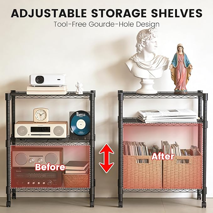 Xcity Storage Shelves, 3 Tier Heavy Duty Metal Shelving Unit with Wheels, 1050 LBS Capacity Adjustable Steel Wire Shelf Organizer for Pantry, Kitchen, Garage, 14" D x 24" W x 30" H, Black