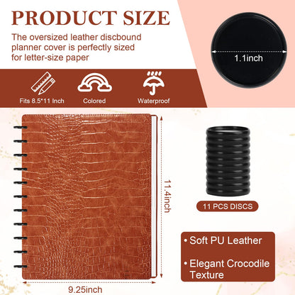 SKLENICE Pu Leather 8.5x11 In Discbound Notebook Cover And Disc Set Discbound Planner Cover With 11 Pcs Expansion Discs Disc Bound Notebook Accessories Letter Size For Office(Brown;No Inner Paper)
