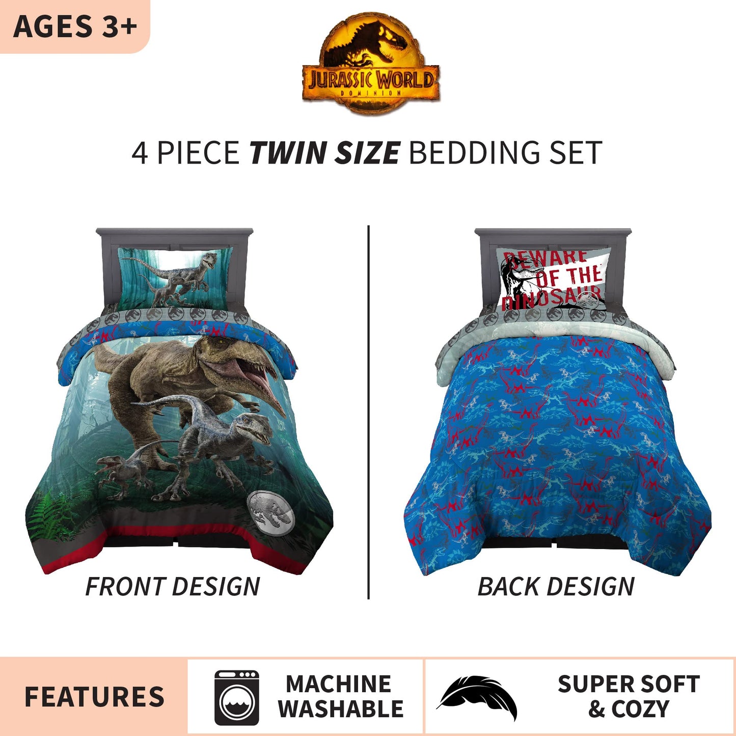 Jurassic World Dominion Blue Velociraptor and Rexy T-Rex Super Soft Microfiber Reversible Comforter, Twin Size, Bedding by Franco Kids
