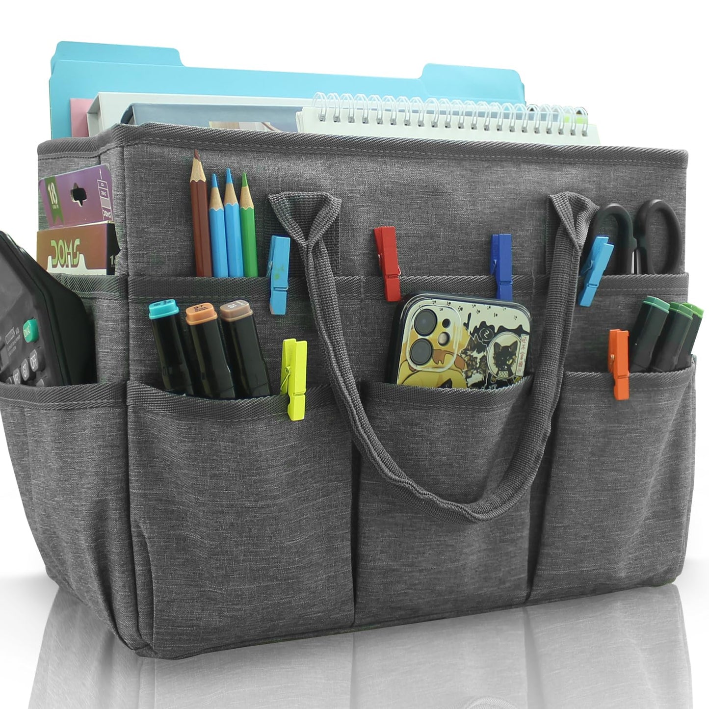 Cupohus Art Organizer Craft Storage Tote Bag with Pockets and Handles, Oxford Fabric Carrying Caddy for Teacher, Officer, Artist, Students, Traveler, and More –Grey