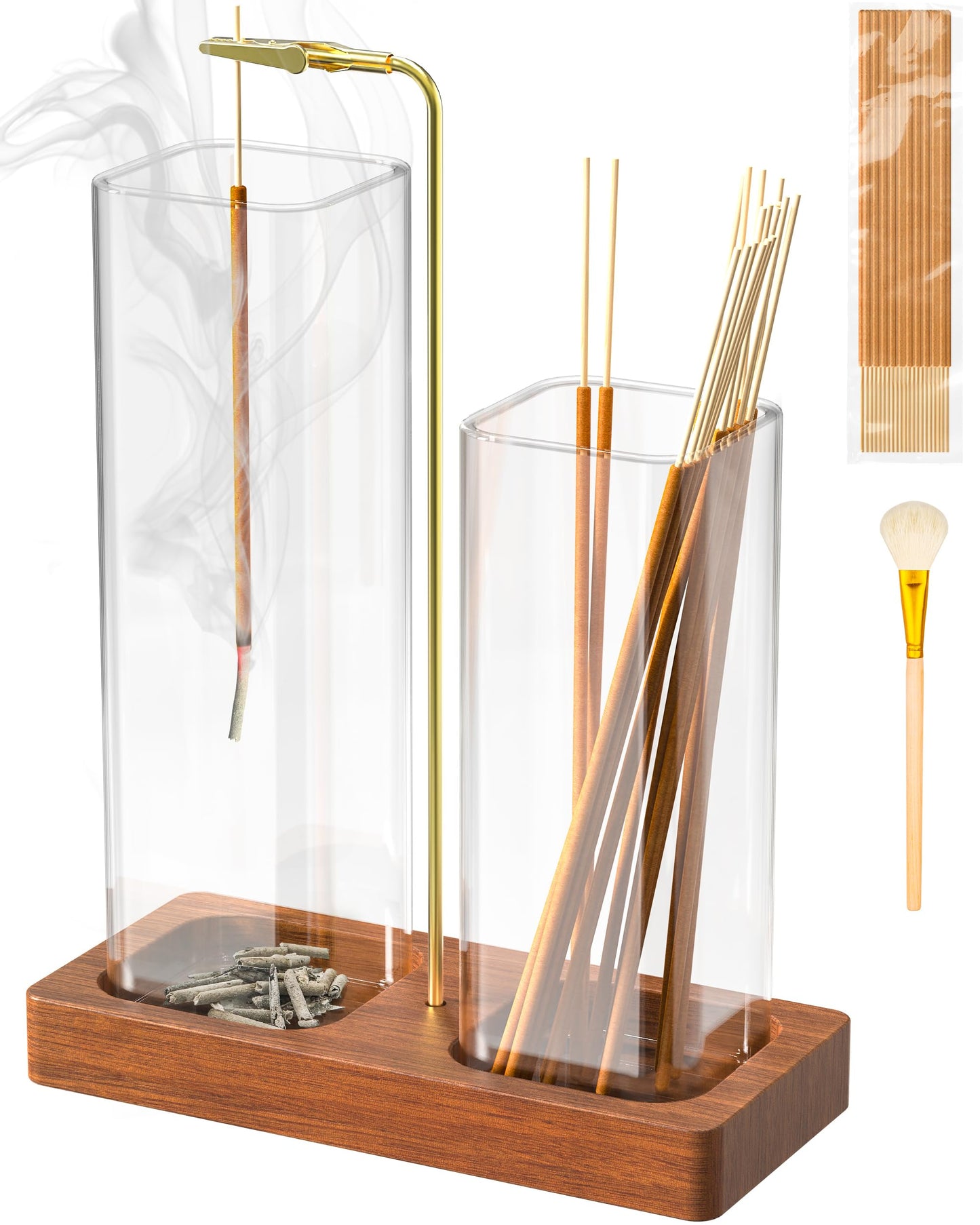 2 in 1 Incense Holder with 7.8" & 5.9" Glass Jars, Large Incense Holder for Sticks, Upside Down Incense Burner with Ash Catcher & Storage for Meditation Yoga Spa Home Decor - 20 Incense Sticks & Brush