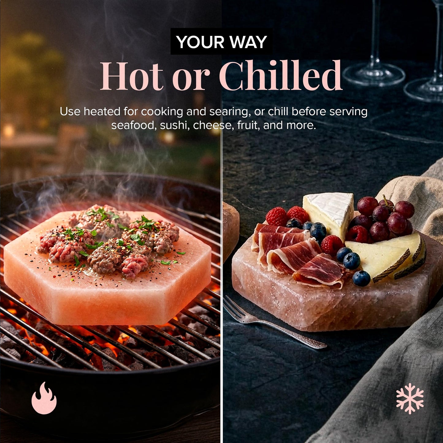 UMAID Sizzle Block™ Himalayan Salt Block 4 Pack (6" Hexagon) – Food Grade Salt Slabs for Burgers, Steak, Seafood & Vegetables – Heat for Grilling & Cooking or Chill for Sushi, Charcuterie & Food Presentation – Unique Gifts for Men & Dad Gifts for Fathers