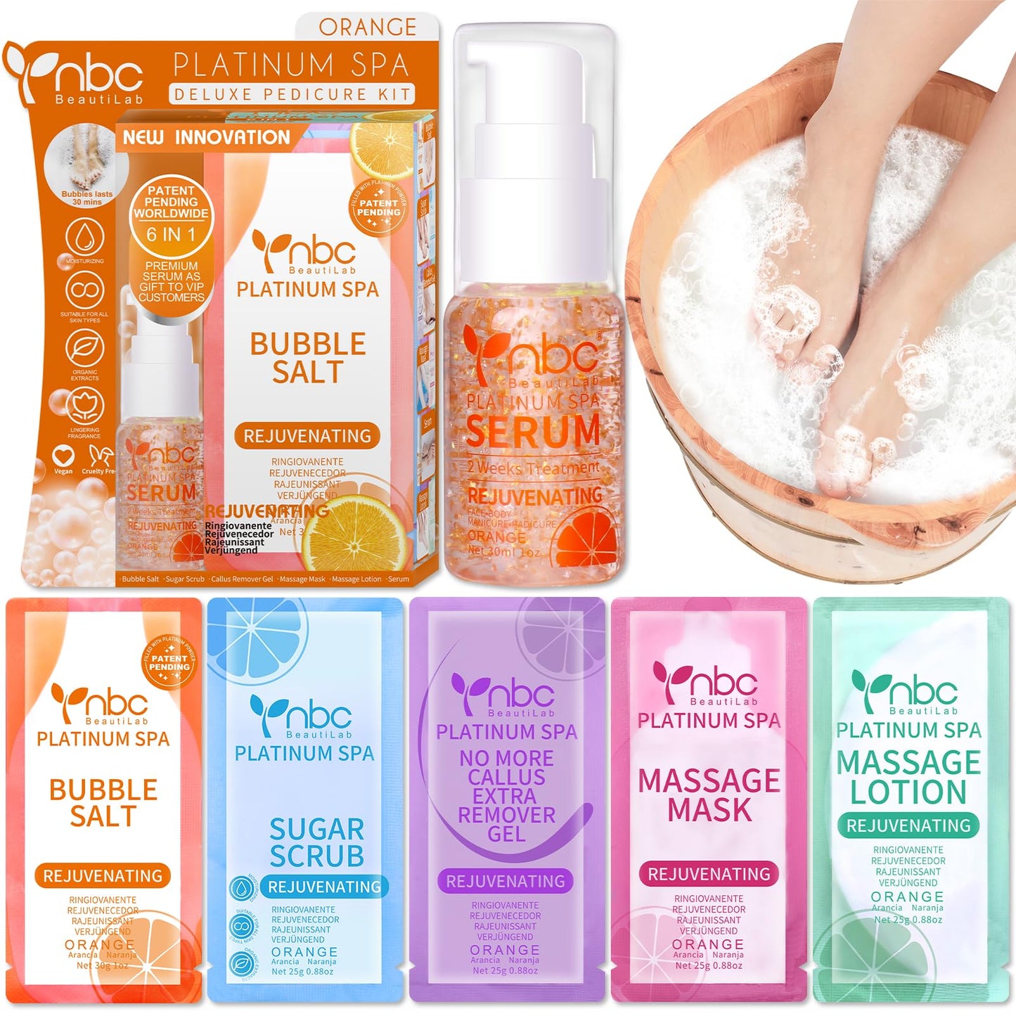 Pedicure Kit Foot Soak Set: Bubble Salt, Sugar Scrub, Massage Mask, Massage Lotion in a Box, 4 Step Foot Spa Kit for Dry Feet,Tired Feet（3 Set Tropical Fruit)