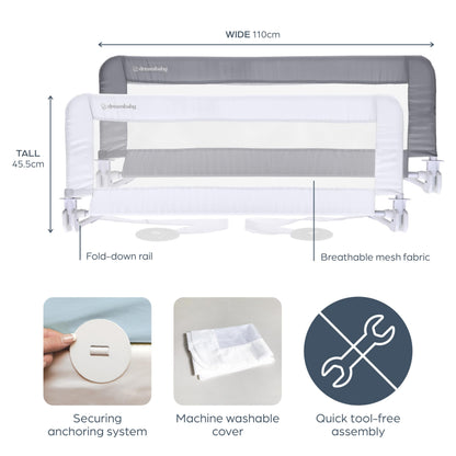 Dreambaby Phoenix Toddler Bed Rail - Foldable & Portable Bed Safety Barrier - Suitable for Flat Bed Bases Up to King Size Mattress - Measures 110cm Wide x 45.5cm Tall - White - Model F719