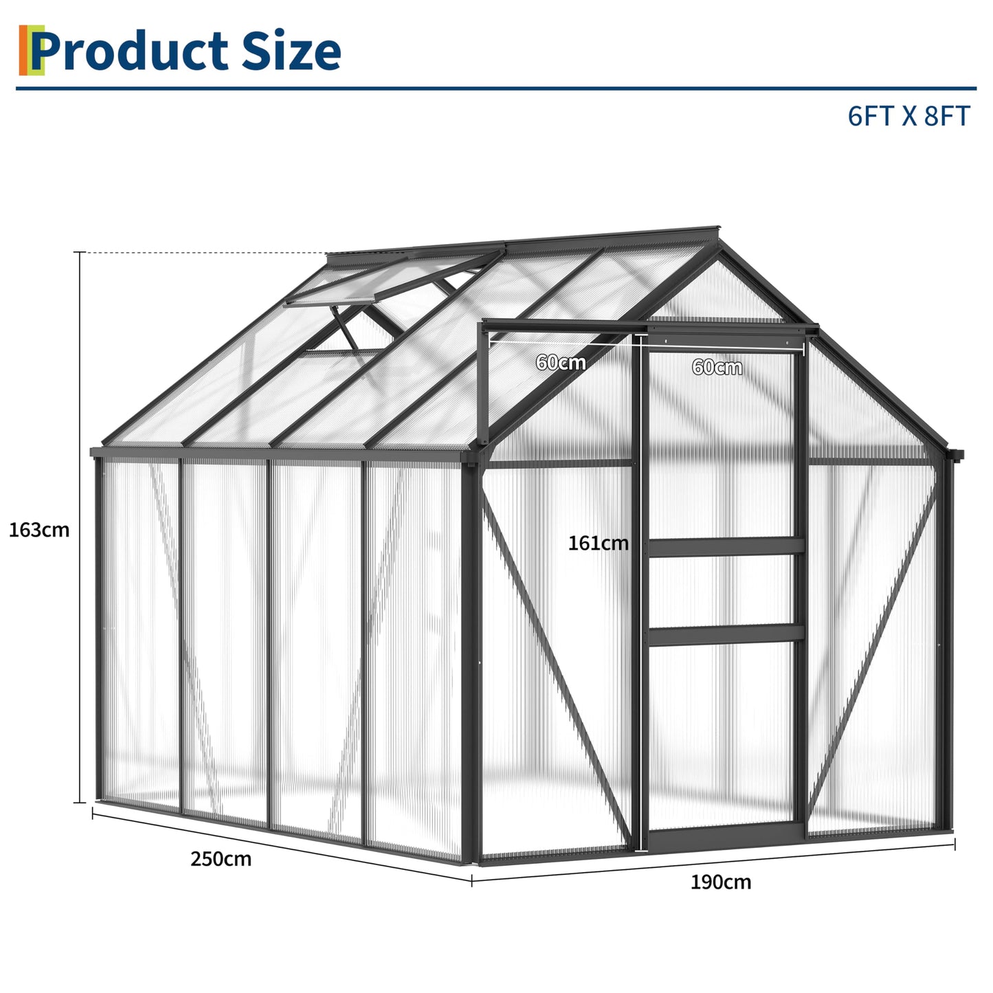 GarveeLife 6 x 8 FT Walk-in Greenhouses for Outside, Polycarbonate Greenhouse with Sliding Door, Adjustable Roof Vent, Aluminum Frame, Backyard Green Houses for Patio Garden