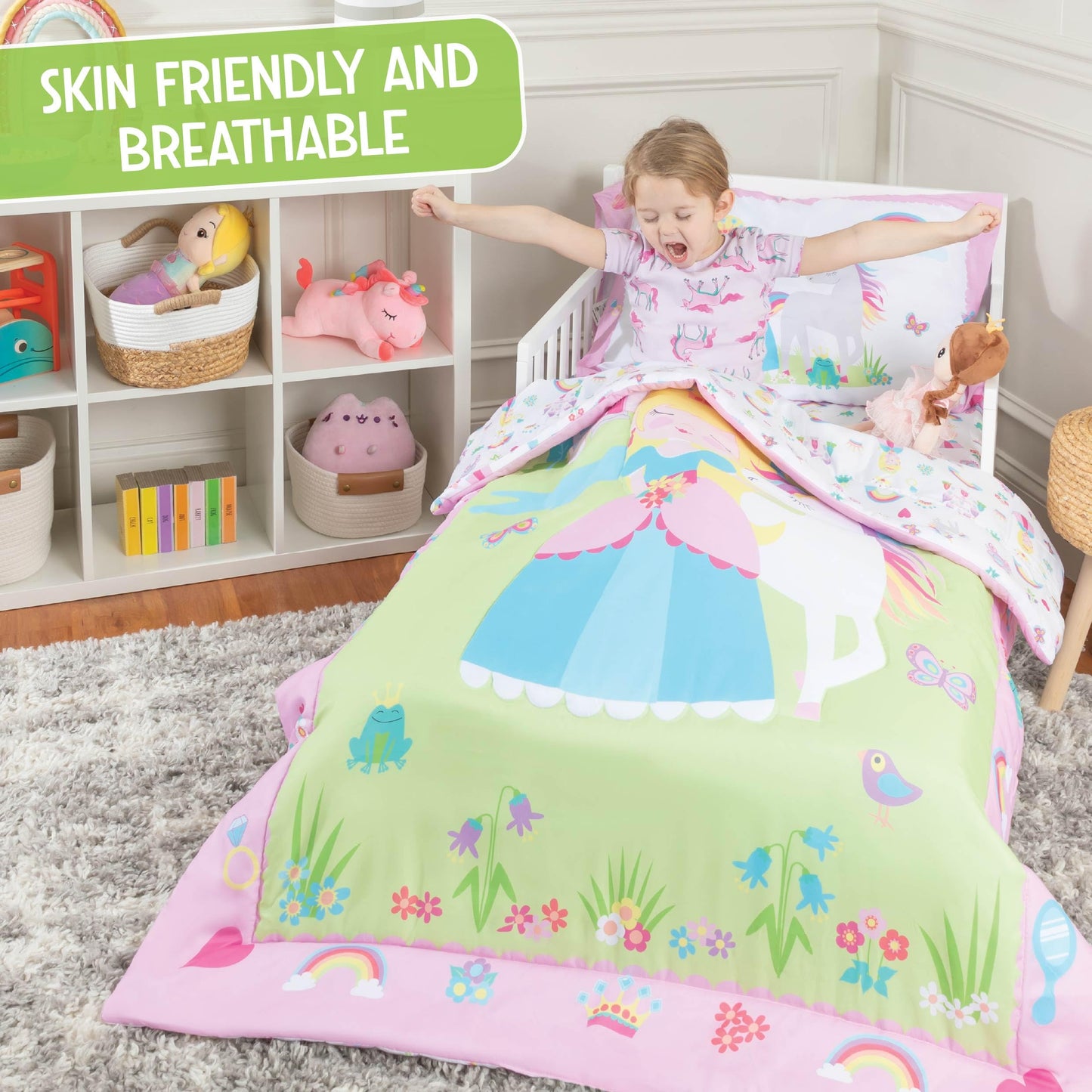 Todays Kids Princess Toddler Bedding Set for Girls - 4-Piece Toddler Bed Comforter Sets for Girls, Reversible Comforter & Pillowcase, Flat Sheet, Fitted Sheet, Breathable & Super Soft Microfiber