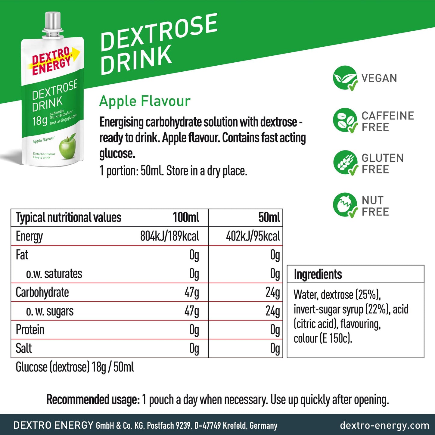 Dextro Energy Apple and Orange Flavour Dextrose Drink | 18g of Fast Acting Glucose | Liquid alternative to Dextro Glucose Tablets | Ready to Drink, Easy to Consume, Re-Sealable | 50ml Pack of 12