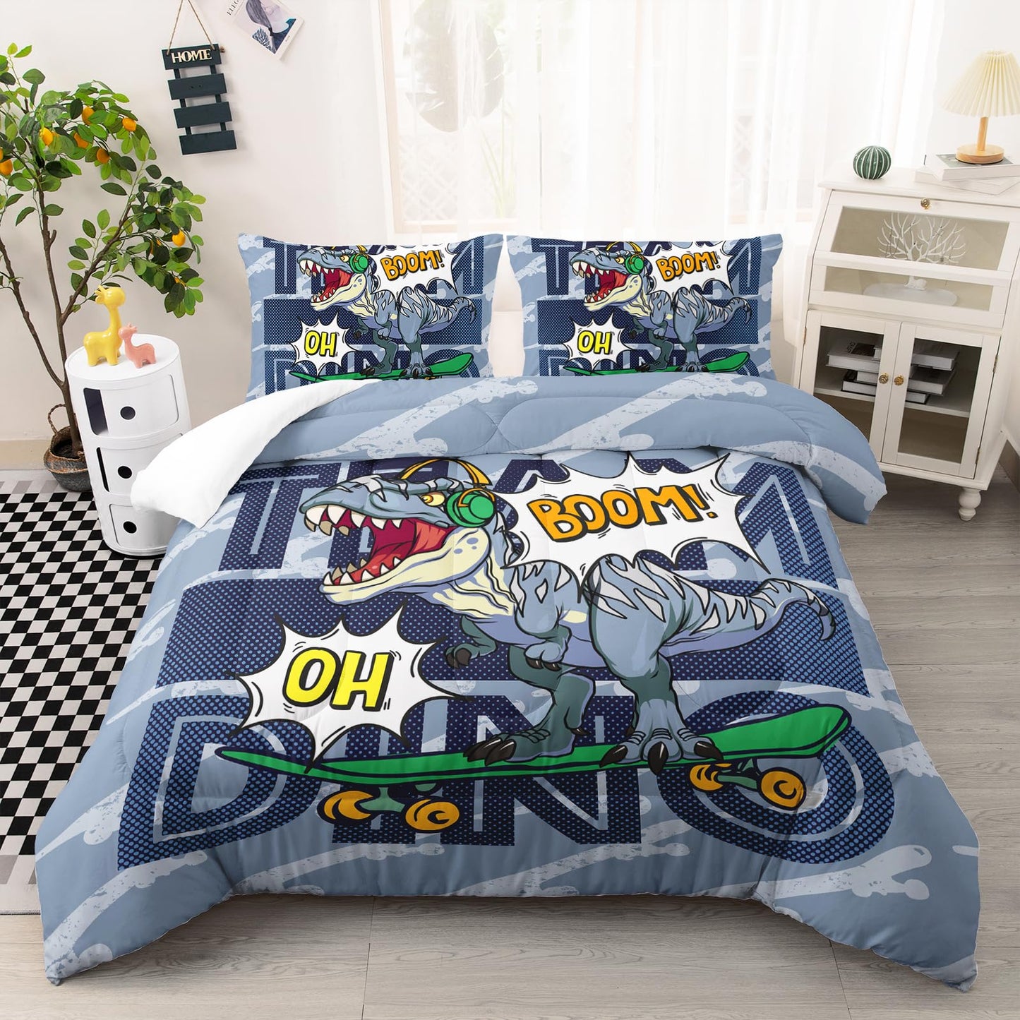 AILONEN Dinosaur Comforter Set, Twin Size, Bedding Set Decor, Music Hip Hop Dinosaur Bed in a Bag for Boys Kids - 3 Pieces Blue Comforter and 2 Pillowcases
