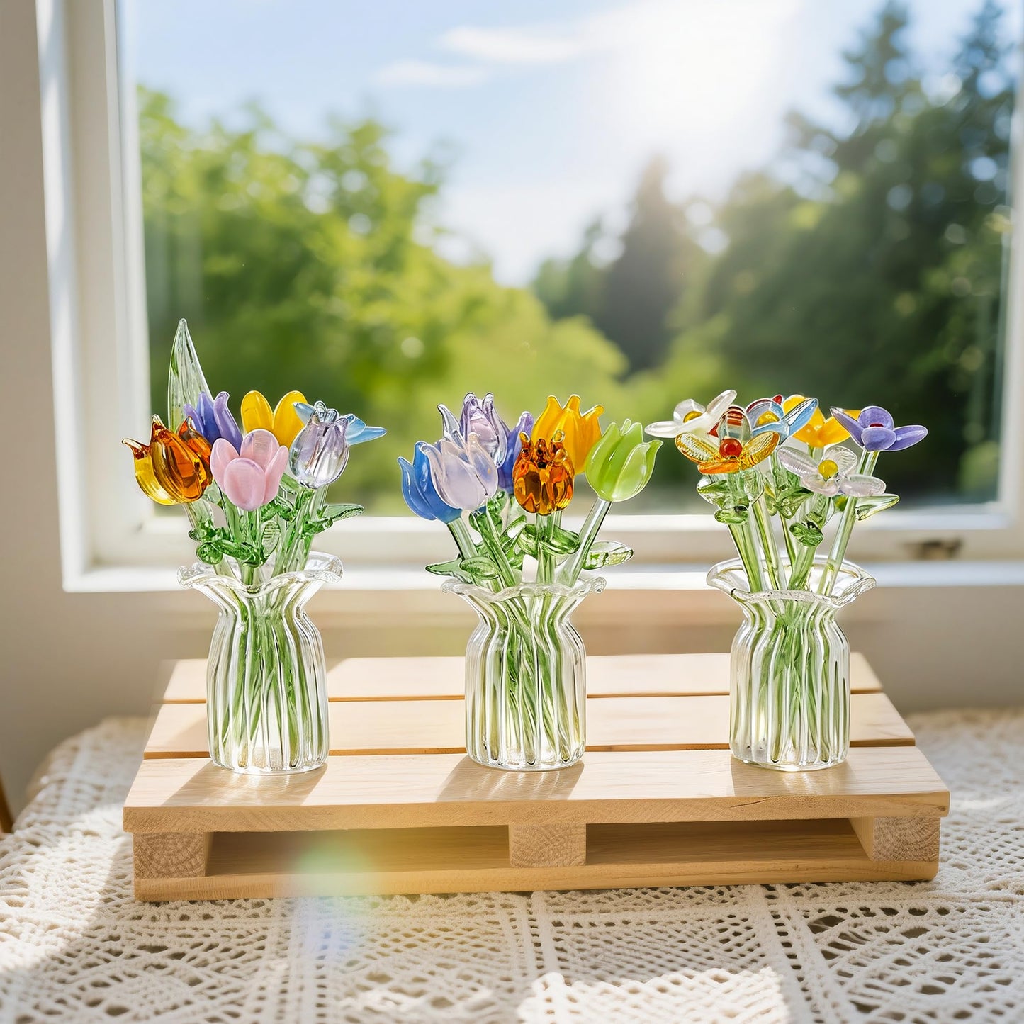 H&D HYALINE & DORA 7 Pcs Mini Glass Flower Hand Blown Glass Artificial Flowers with Clear Vase Crystal Wildflower Collectible Ornament for Women Mom Wedding Home Table Centerpiece(Style 1)