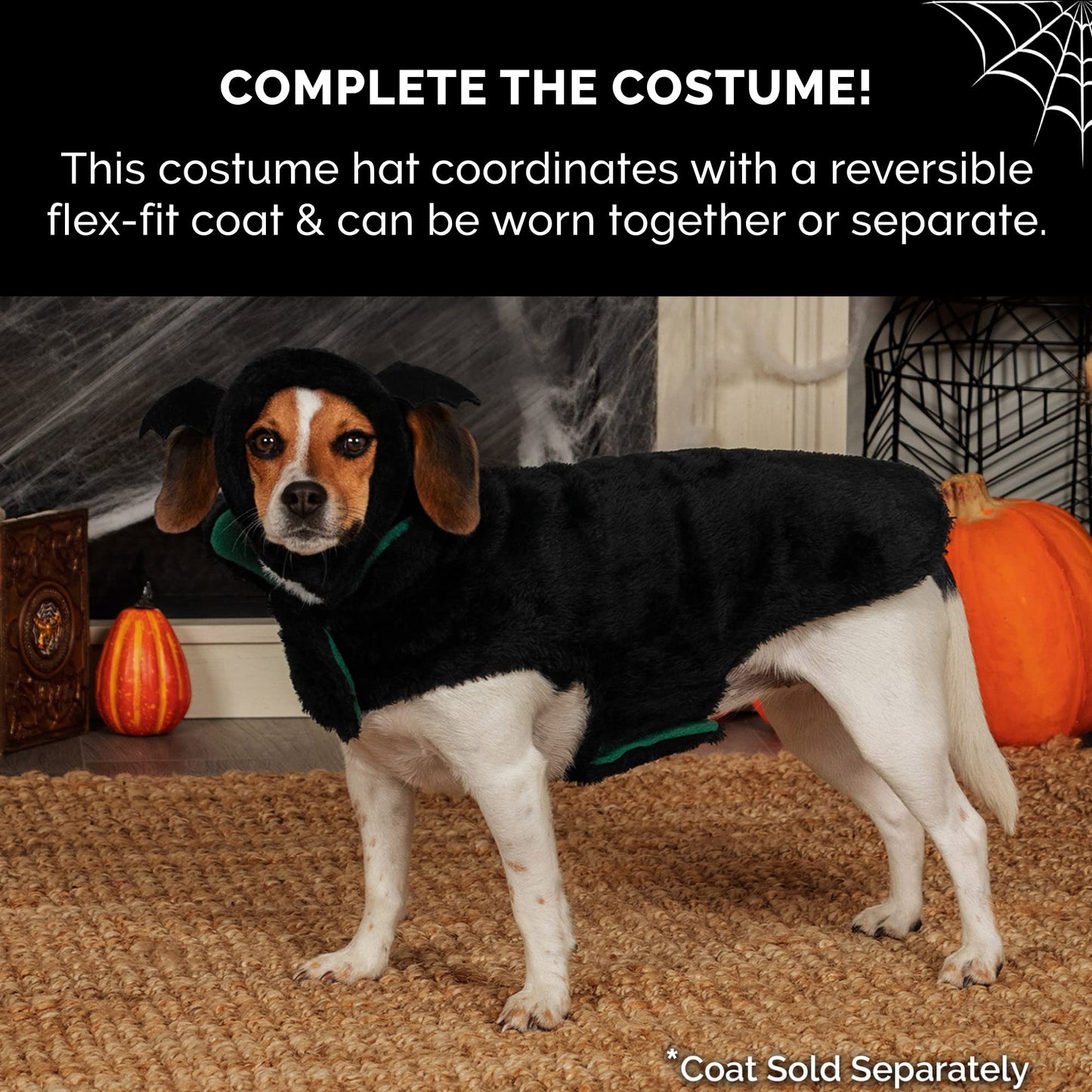 Furhaven Medium Dog Hat, Washable & Cozy - Plush Faux Fur Flex-Fit Black Bat Dog Hat Costume - Black, Medium