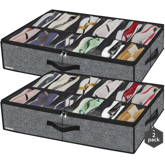 Friday Monkey Sturdy Under Bed Shoe Storage Organizers 2 Pack, Fit Total 24 Pairs, Large Underbed Closet Shoes Box Container Bag with Clear Cover, Breathable, 29.3x23.6x5.9 inches, Black, ZMBCUBSB2P