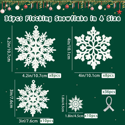 Christmas Snowflake Decorations Indoor, 36pcs White Flocked Christmas Snowflake Ornaments, Hanging Velvet Snow Flakes for Xmas Tree Decoration Winter Wonderland Party Baby Shower Holiday Home Decor