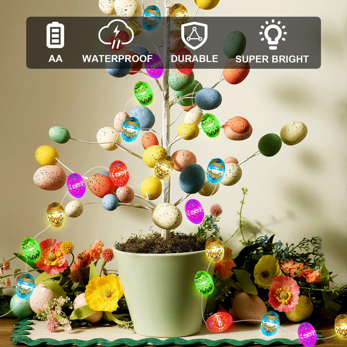 Aogist 50LED Easter Egg Fairy Lights - 16ft Super Bright 3D Egg String Light Battery Operated Decor for Indoor/Outdoor Easter Basket Spring Party Home Yard Tree Decor,2 Pack